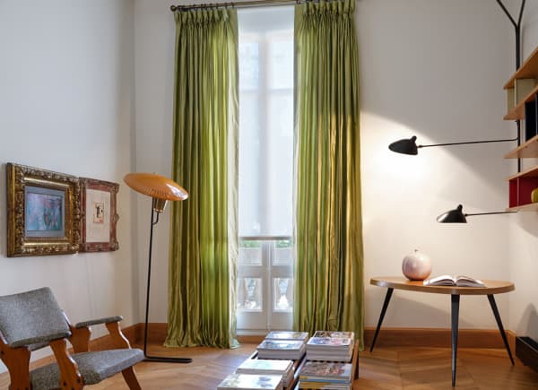 Silk dupioni goblet-pleat drapes in a lounge