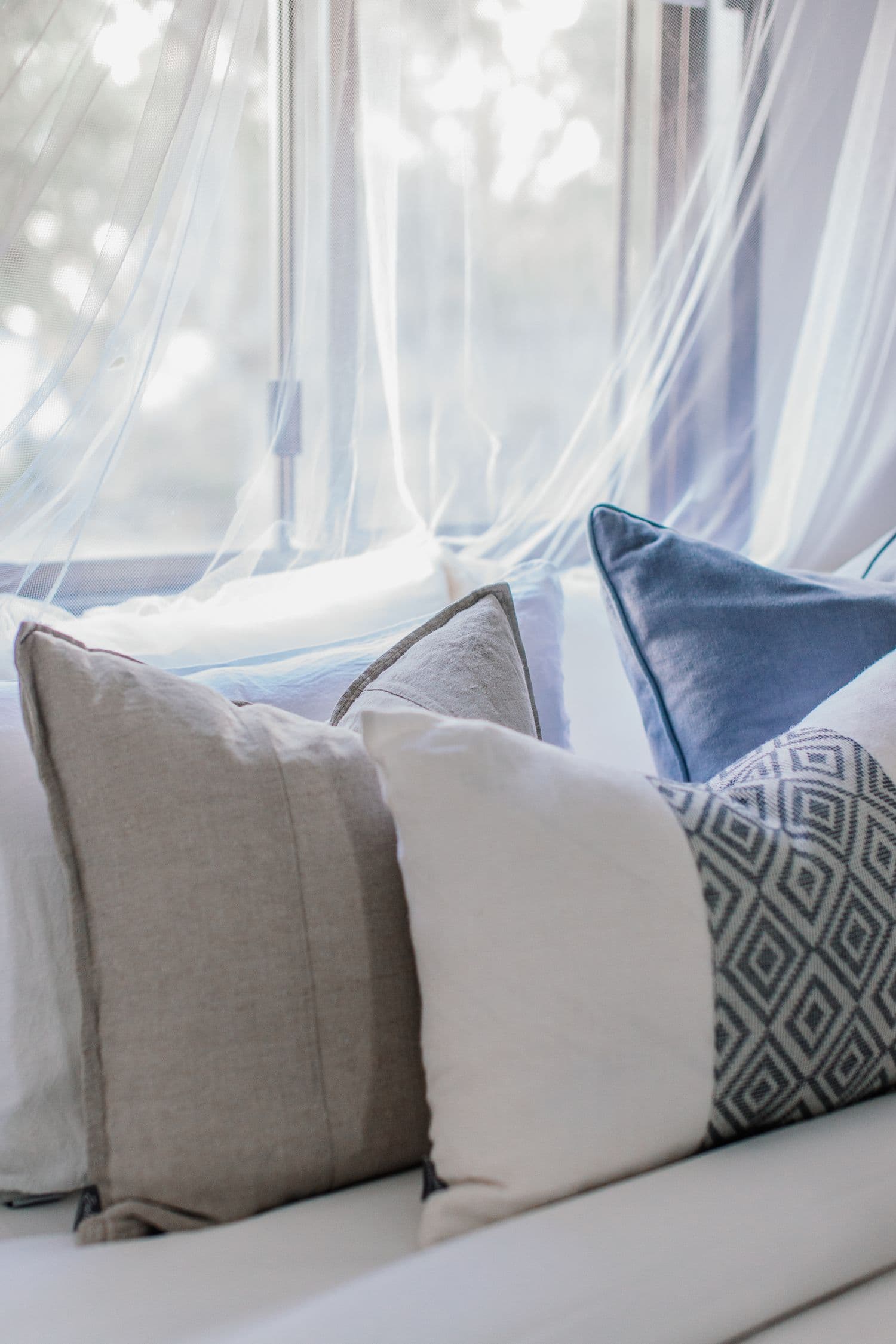 Sheer curtain behind soft neutral scatter cushions