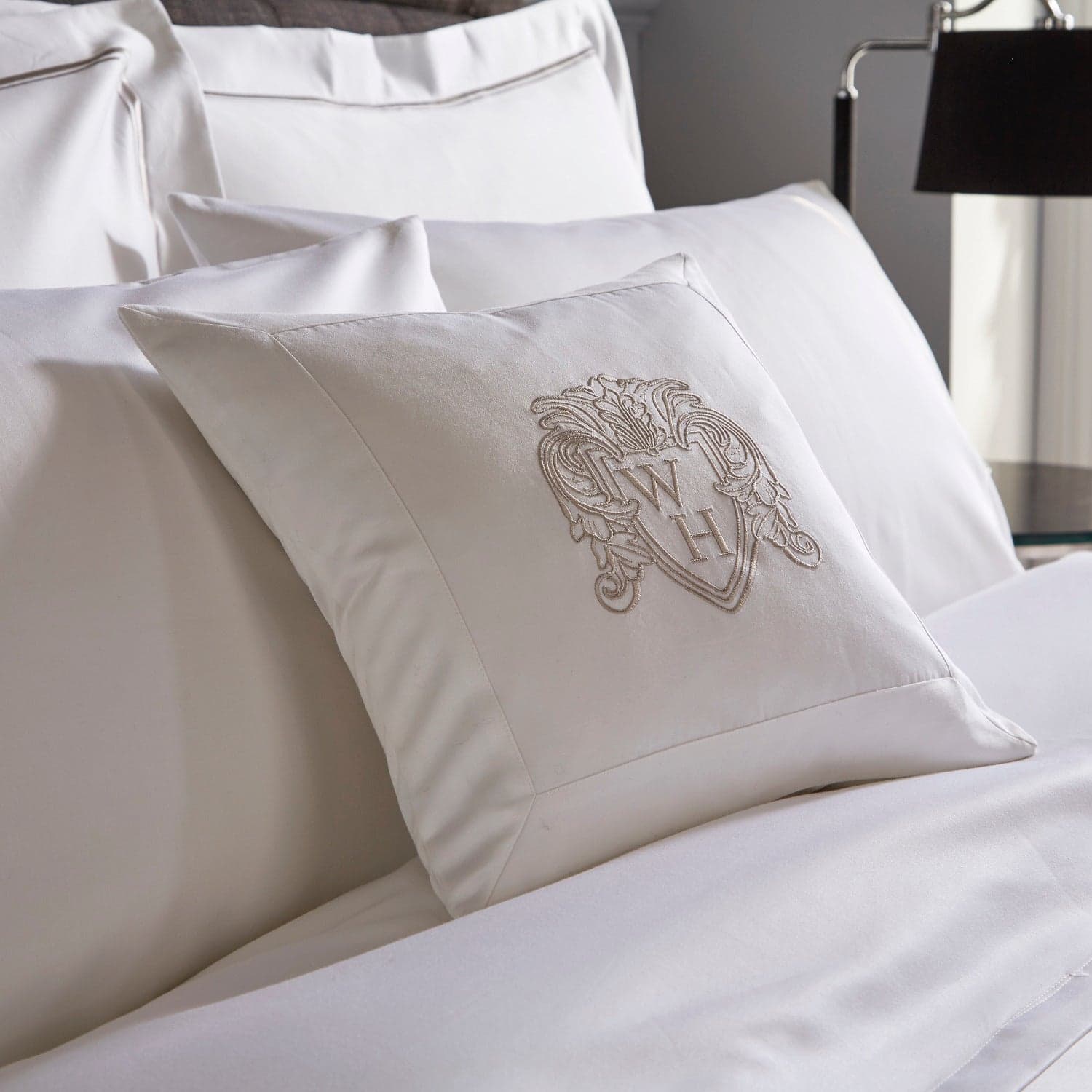 White boudoir cushion cover with grey embroidery