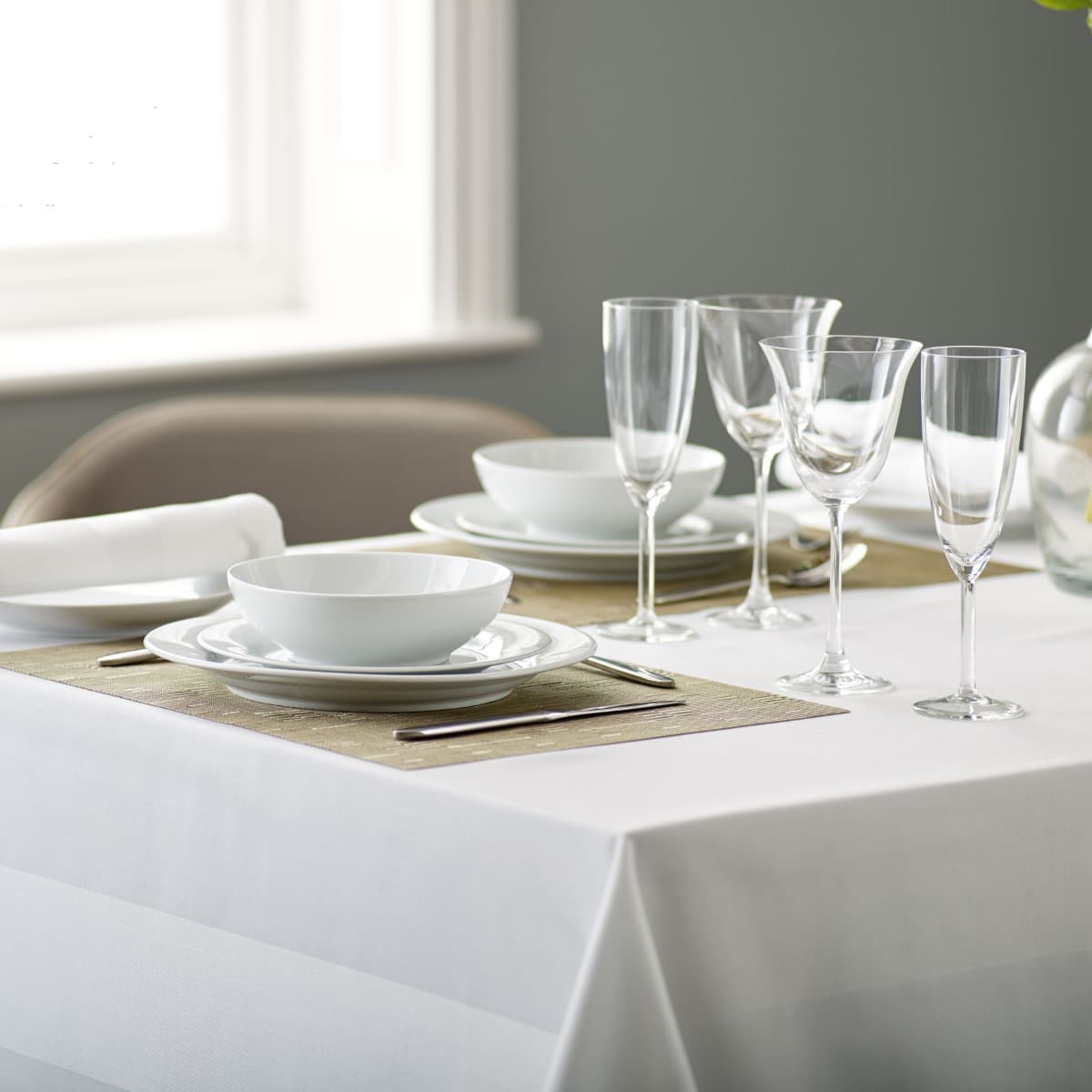 White polyester tablecloth with a satin band edge